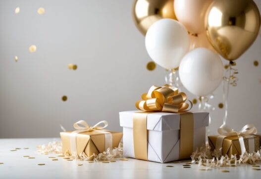 Billede til 40-års fødselsdagsgave med festlige elementer som balloner og gaver i en elegant opsætning.